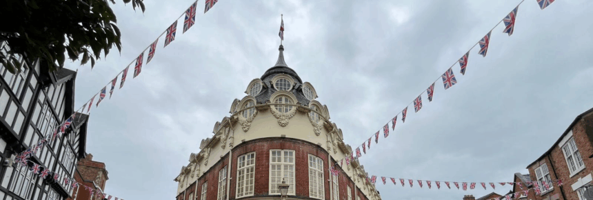 The flag back in its rightful place above 1-5 Pillory Street, Nantwich
